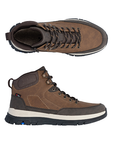 Pair of brown leather boots with dark brown laces, accent stitching, inside zipper, a beige midsole, and a black treaded outsole.