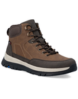 A brown leather boot with dark brown laces, accent stitching, a beige midsole, and a black treaded outsole.