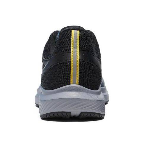 Rear view of Men's Saucony Cohesion 17 sneaker featuring black mesh heel and yellow stripe detail for sporty style.