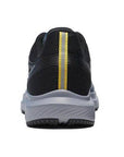 Rear view of Men's Saucony Cohesion 17 sneaker featuring black mesh heel and yellow stripe detail for sporty style.
