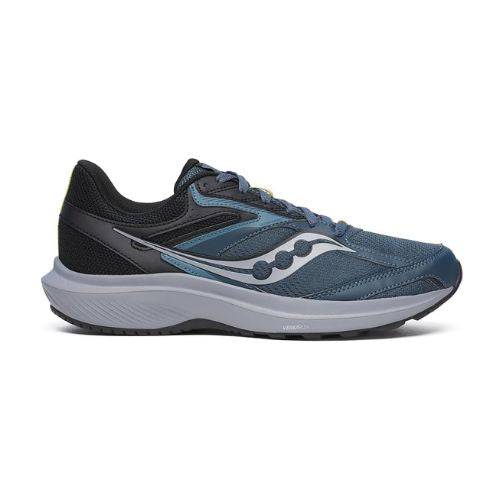 Men's Saucony Cohesion 17 mesh sneaker in blue and black with cushioned sole, ideal for casual wear and running comfort.