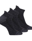 Three black socks with grey accent heels and toes.
