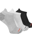 A grey, white and black sock with orange Merrell logo on toes.