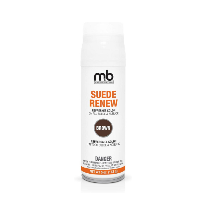 Moneysworth & Best Suede Renew Spray in brown, designed to refresh and recolor suede and nubuck footwear with natural oils.