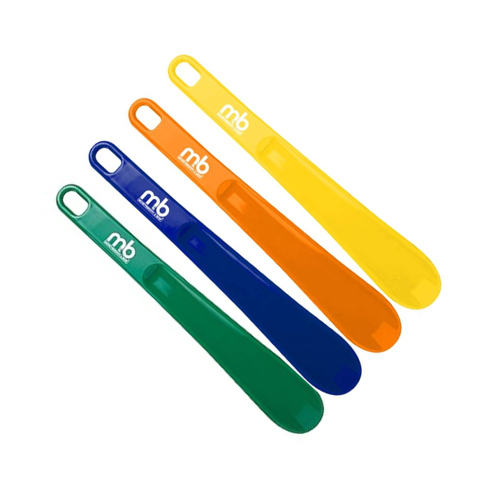 7 10 inch long plastic shoe horns in an assortment of colours.
