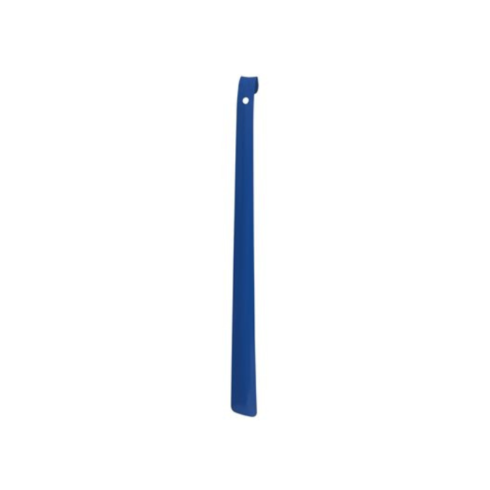 Blue 10 inch long stainless steel shoe horn.