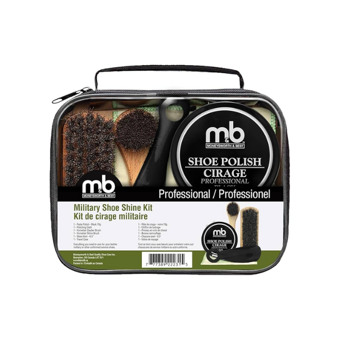Military Shoe Shine Kit - Leather Care set with polish, brushes, and cloth in a zippered carrying case for professional shoe maintenance.