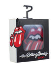 Gift box with plastic window with Rolling Stones lips symbol visible on a pair of socks.