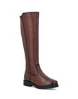 A brown leather knee-high riding-style boot with stretch fabric over back of calf, burnished accents and a deep treaded black outsole.