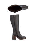 Pair of Dark brown knee-high boots with inside zipper, light plush lining and a slightly lighter brown chunky block heel.