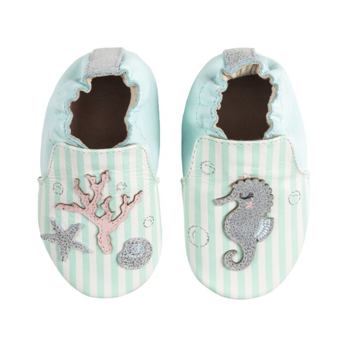 Pair of Aqua and white striped baby shoes with coral, starfish and seahorse on toes.