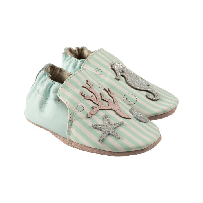 Aqua and white striped baby shoes with coral, starfish and seahorse on toes.