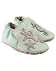 Aqua and white striped baby shoes with coral, starfish and seahorse on toes.