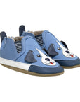 Blue canvas baby shoes with blue puppy faces on toes.