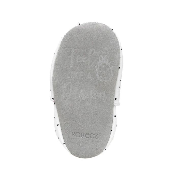 Grey outsole with Robeez logo on heel and "Feel like a Dragon" Stamped next to a dragon fruit.