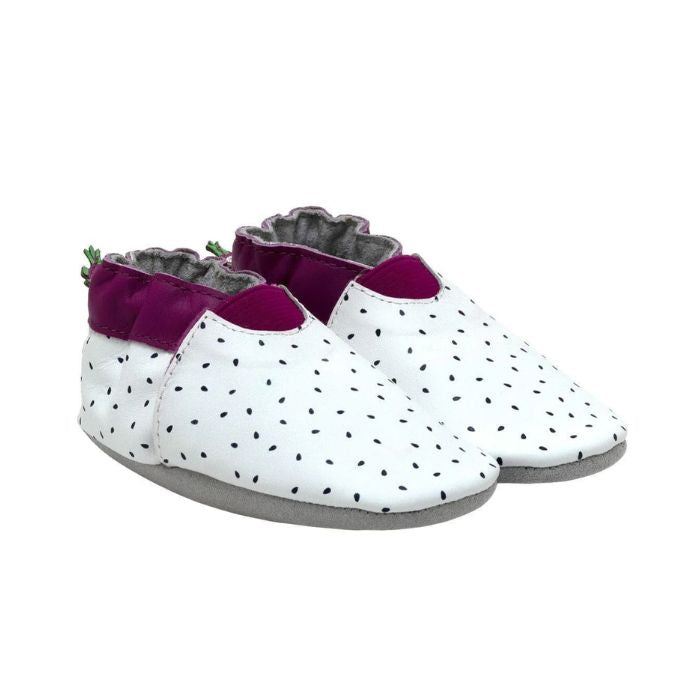 Dragon fruit pattern leather baby shoes with purple cuff and white upper with seeds.