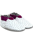 Dragon fruit pattern leather baby shoes with purple cuff and white upper with seeds.