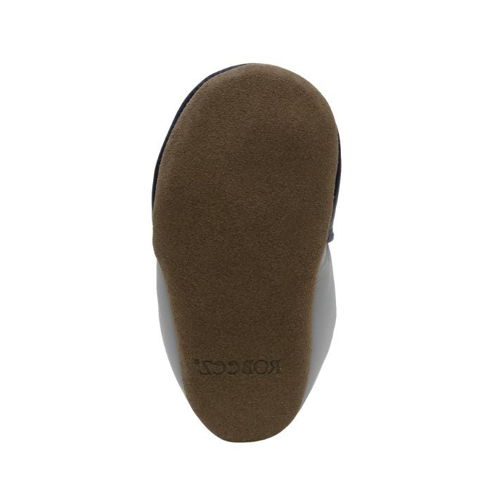 Dark brown suede outsole with Robeez logo on heel.
