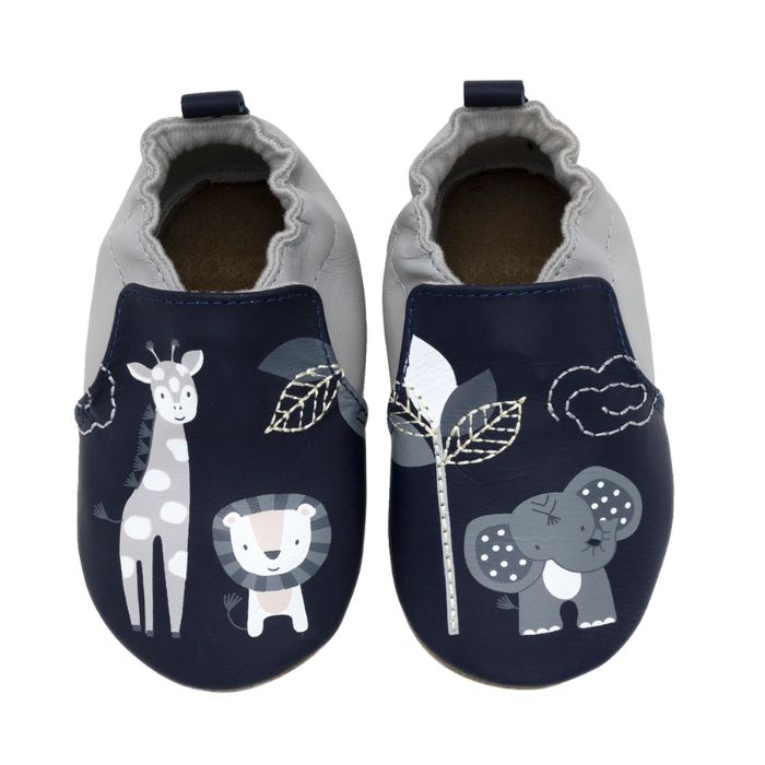 Pair of Navy and Grey baby shoes with giraffe, lion and elephants playing in trees.