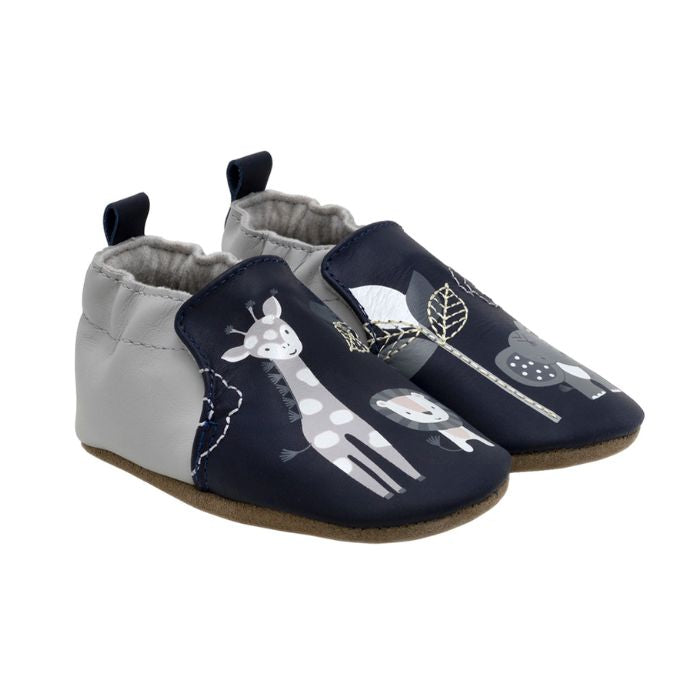 Navy and Grey baby shoes with giraffe, lion and elephants playing in trees.