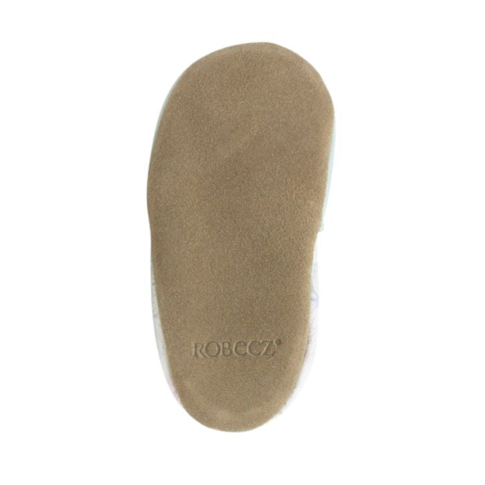 Beige suede outsole with Robeez stamped in heel.