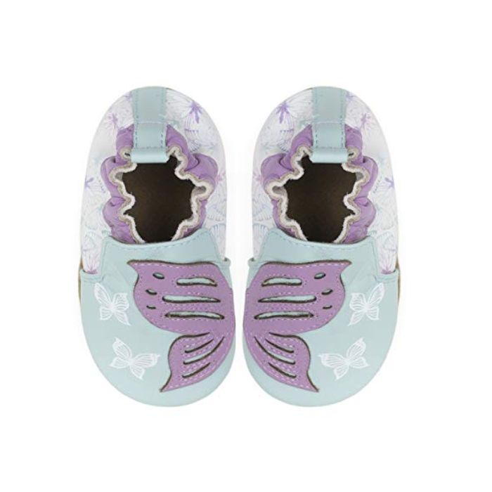 Pair of Aqua and purple baby shoes with butterfly designs, white prints, and soft brown soles