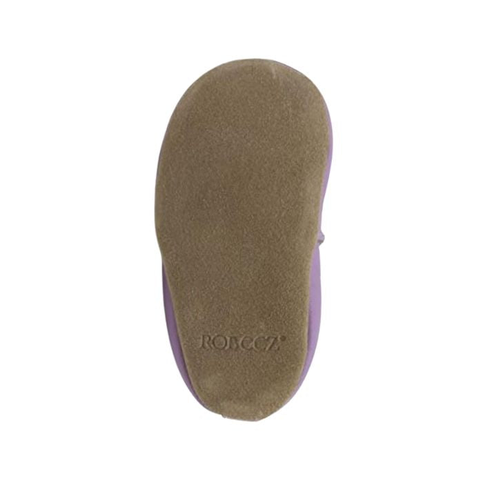 Beige suede outsole with Robeez logo on heel.