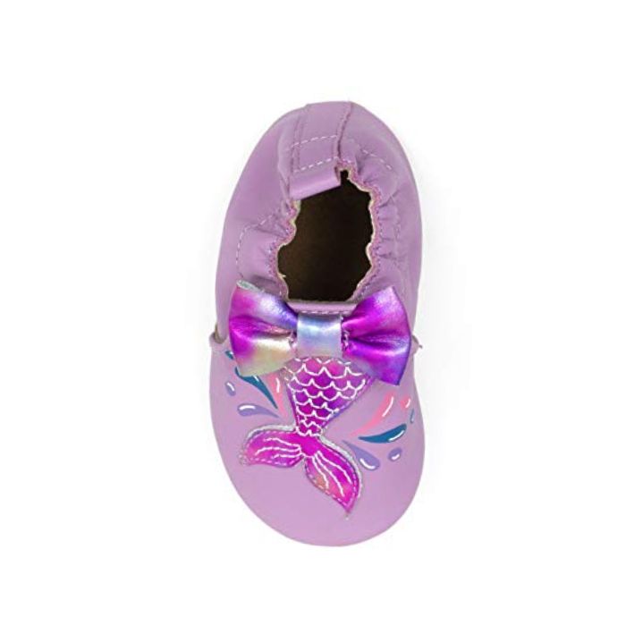 Purple leather baby shoe with shimmery mermaid tail on toe with 3D bow at cuff.