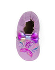Purple leather baby shoe with shimmery mermaid tail on toe with 3D bow at cuff.