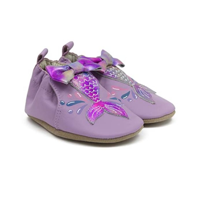 Purple leather baby shoes with shimmery mermaid tails on toe with 3D bow at cuff.