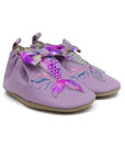 Purple leather baby shoes with shimmery mermaid tails on toe with 3D bow at cuff.