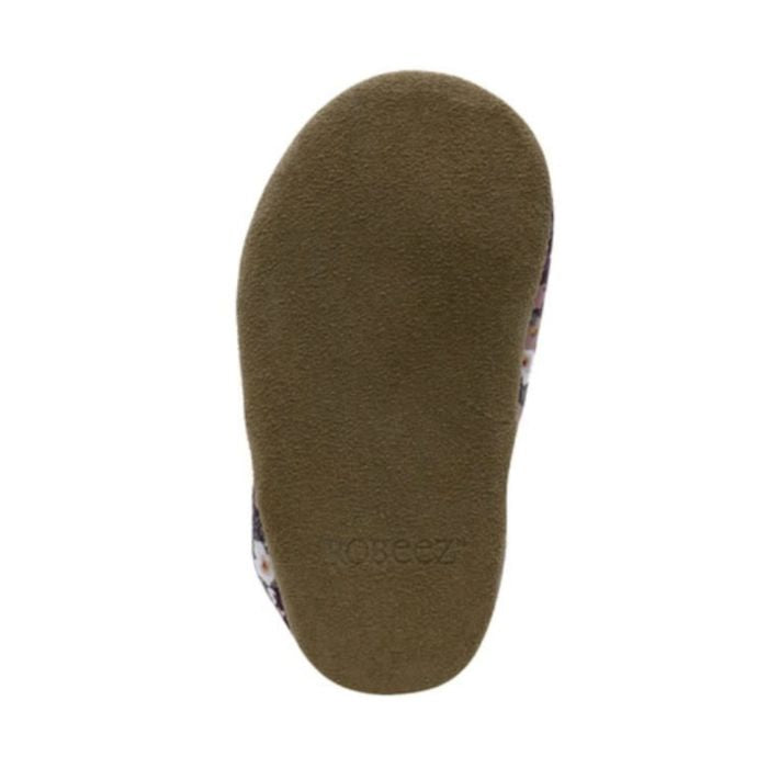 Dark tan outsole with Robeez logo on suede heel.