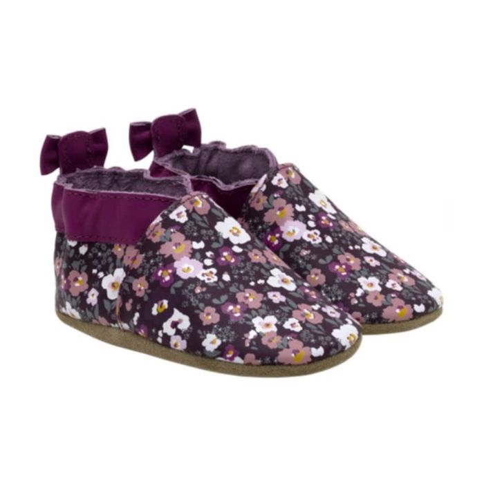 Dark purple baby shoes with deep pinks, purples and white poppy pattern and a little purple bow on heel.
