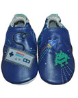 Pair of Blue baby shoes with soft soles featuring retro a game controller, spaceship, and pixelated alien designs.
