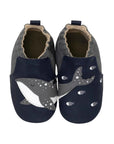 A pair of Navy and grey baby shoes with cute whale over the toes and little fish swimming with it.