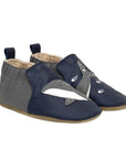 Navy and grey baby shoes with cute whale over the toes and little fish swimming with it.