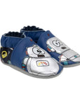 Blue leather baby shoes with silver robots on them.