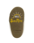 Brown suede outsole with yellow text reading hello sunshine and Robeez logo on heel.