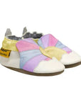 Pair of kids shoes featuring a rainbow design and brown suede outsole.