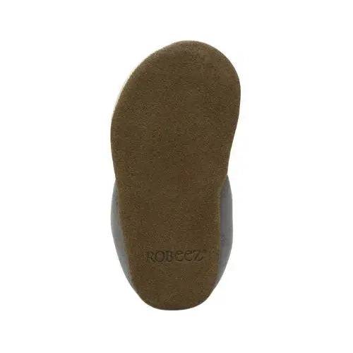 Bottom view of Robeez Ivory Elephant Soft Soles showing the non-slip suede sole ideal for early walkers and podiatric-approved support.