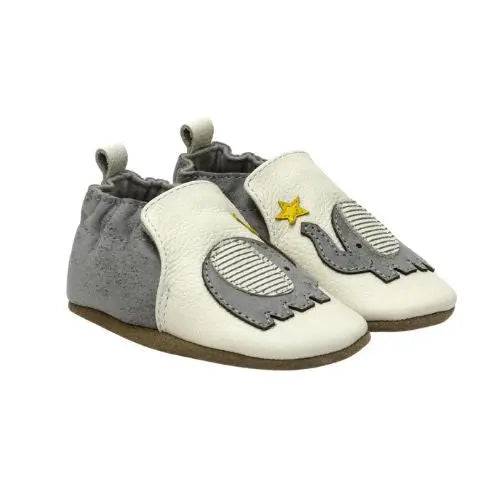 Baby Robeez Ivory Elephant Soft Soles with gray elephant applique and yellow star, designed with flexible suede soles for toddler comfort and grip.