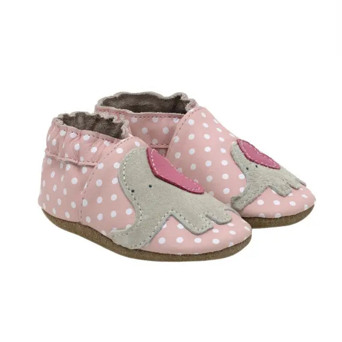 Robeez Little Peanut Soft Soles baby shoes in pink with white polka dots and gray elephant applique, designed for healthy foot development.