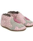Robeez Little Peanut Soft Soles baby shoes in pink with white polka dots and gray elephant applique, designed for healthy foot development.
