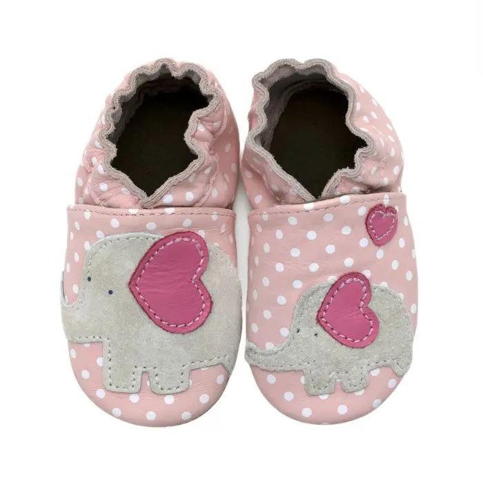 Top view of Robeez Little Peanut Soft Soles baby shoes featuring pink heart-accented elephants on a polka dot background for toddlers.