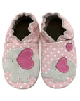 Top view of Robeez Little Peanut Soft Soles baby shoes featuring pink heart-accented elephants on a polka dot background for toddlers.