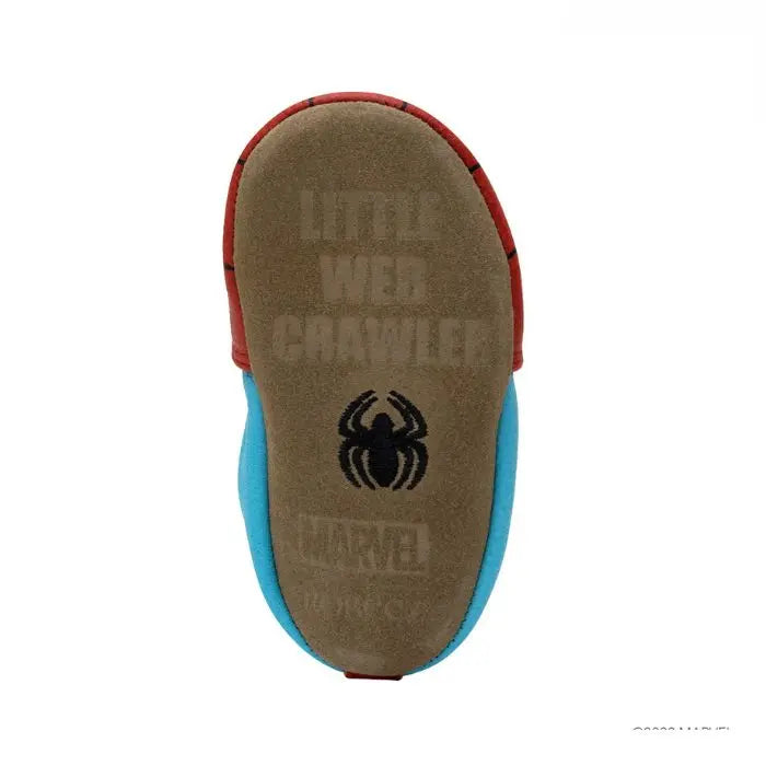 Bottom view of Robeez Marvel Spider-Man baby shoe showing suede sole with 'Little Web Crawler' and spider logo imprint for grip.