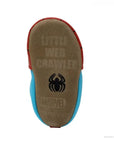 Bottom view of Robeez Marvel Spider-Man baby shoe showing suede sole with 'Little Web Crawler' and spider logo imprint for grip.