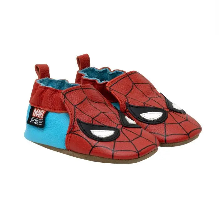 Robeez Marvel Spider-Man soft sole baby shoes in red and blue leather with web and eye mask design, ideal for healthy foot development.