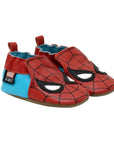 Robeez Marvel Spider-Man soft sole baby shoes in red and blue leather with web and eye mask design, ideal for healthy foot development.