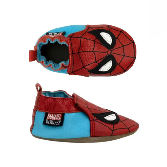 Top and side view of Robeez Spider-Man soft sole baby shoes featuring flexible suede soles and Marvel branding for infant foot support.